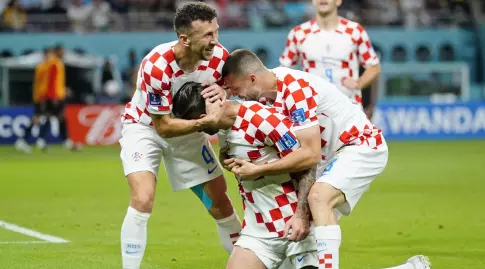 שחקני נבחרת קרואטיה חוגגים עם מרקו ליבאיה (רויטרס)