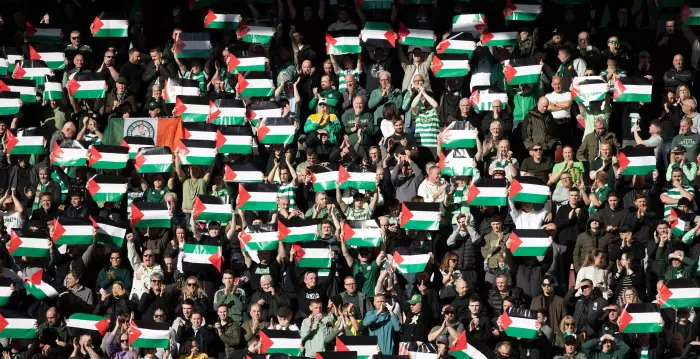 דגלי פלסטין מונפים על ידי אוהדי סלטיק (צילום מסך מהטוויטר של הדיילי רקורד)